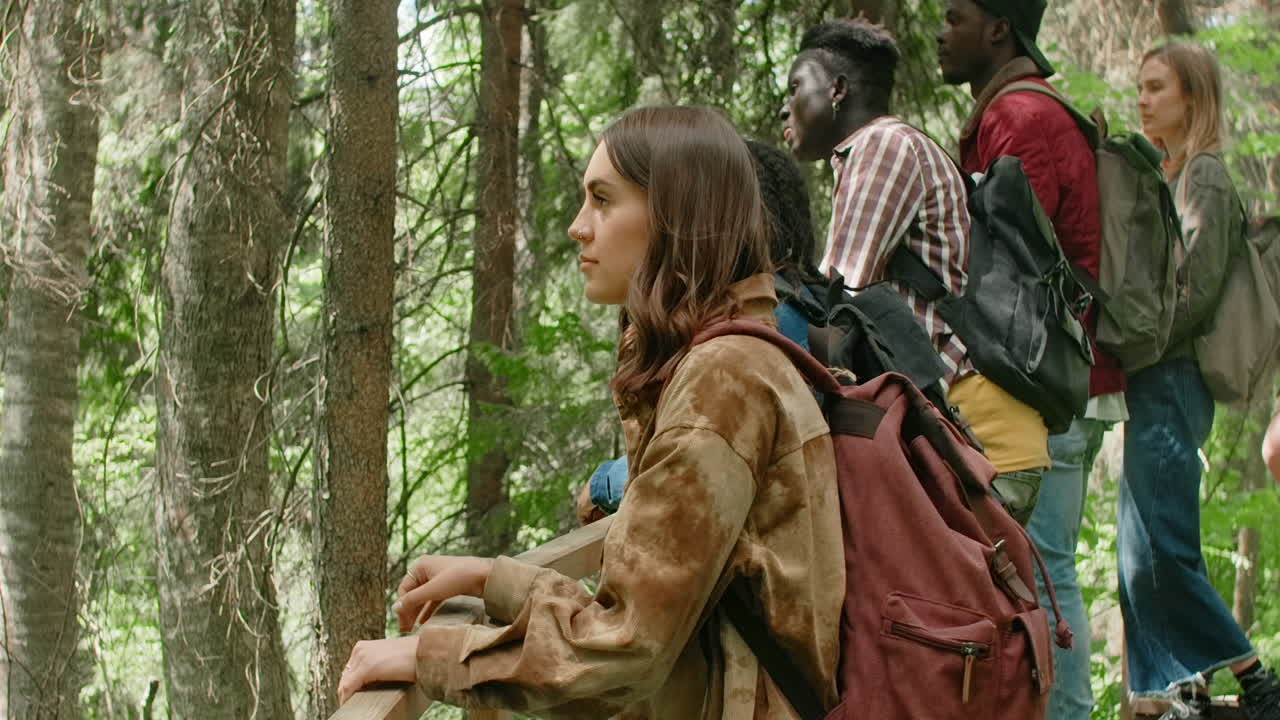 amigos haciendo senderismo en el bosque.