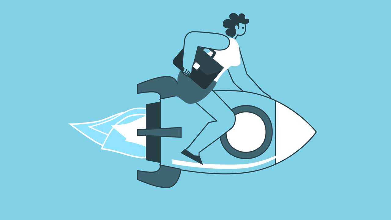 Woman with Briefcase Flying a Rocket Forward. Success and Leadership Concepts. Flat Design Cartoon Character Isolated Loop 2d Animation with Alpha
