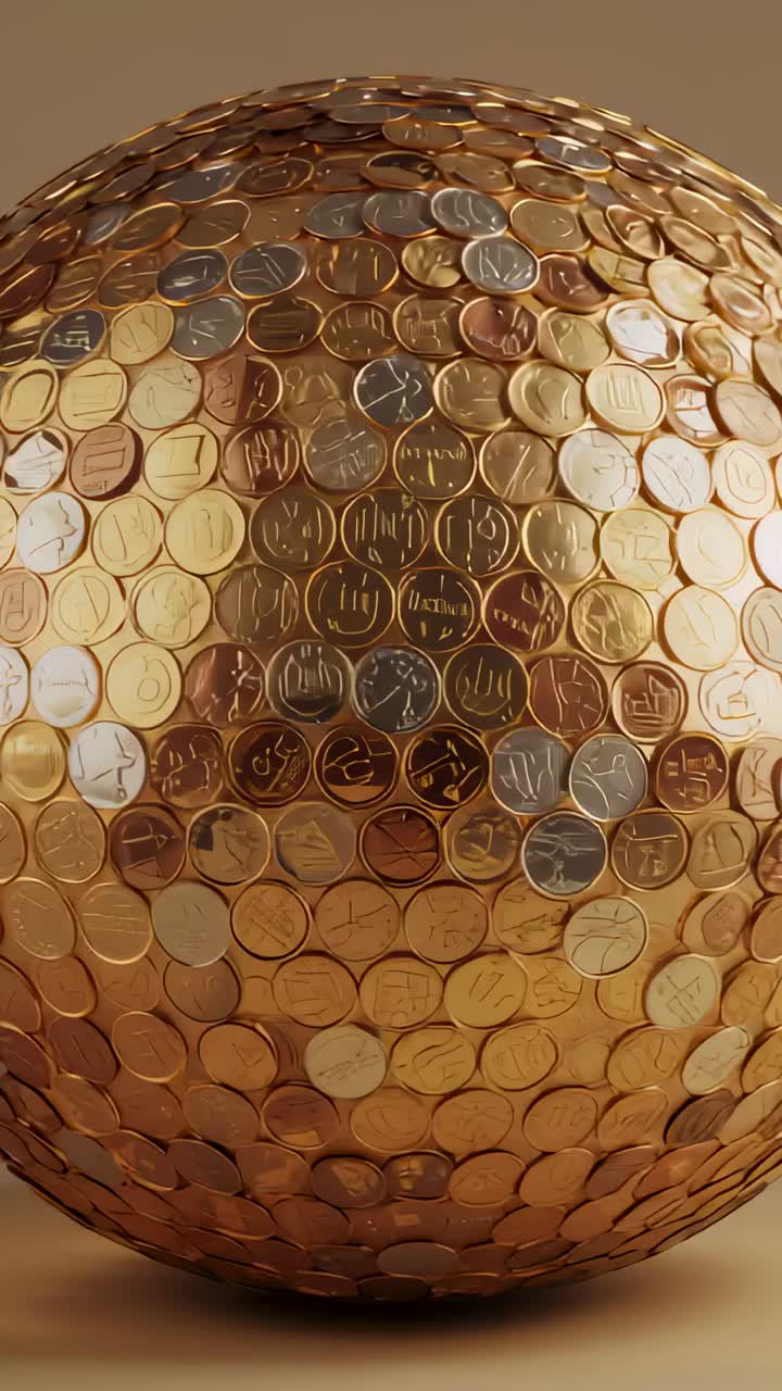 Vertical video: Rotating sphere of copper discs on beige base on start, showing warm light
