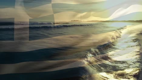 digital composition of greece flag waving against aerial view of waves in the sea