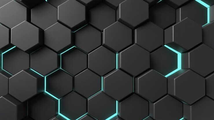 Abstraktes dunkles Hexagon-Gitter mit pulsierenden blauen Lichtern