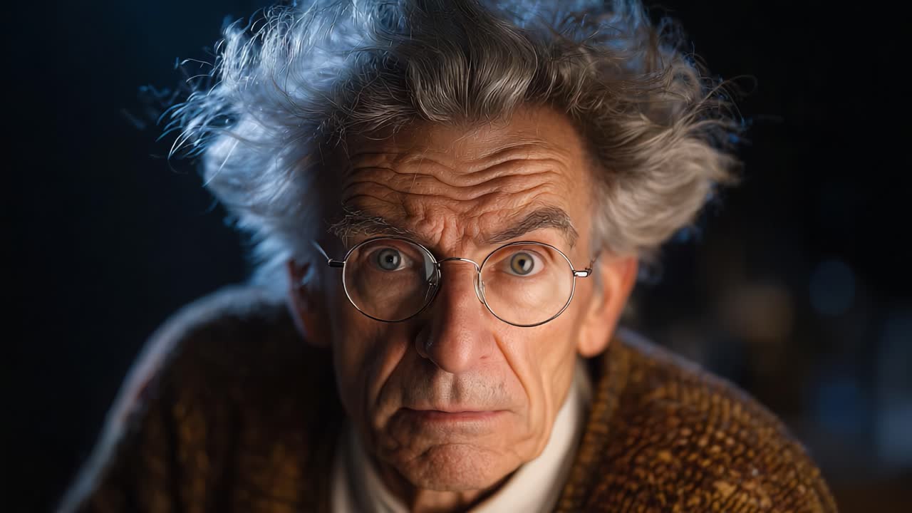 Ritratto di un anziano scienziato con capelli incolti e sguardo intenso, che cattura l'essenza di una mente curiosa impegnata in profondi pensieri o scoperte
