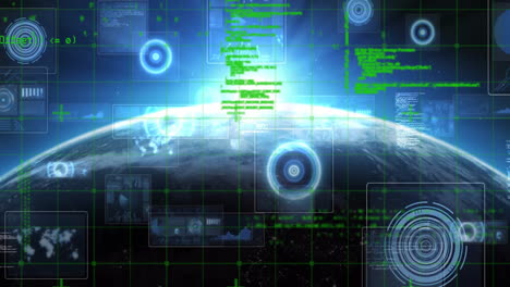 Digital interface with data processing animation over view of Earth from space