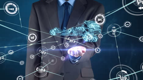 animación de la red de conexiones con iconos, llave digital y hombre de negocios