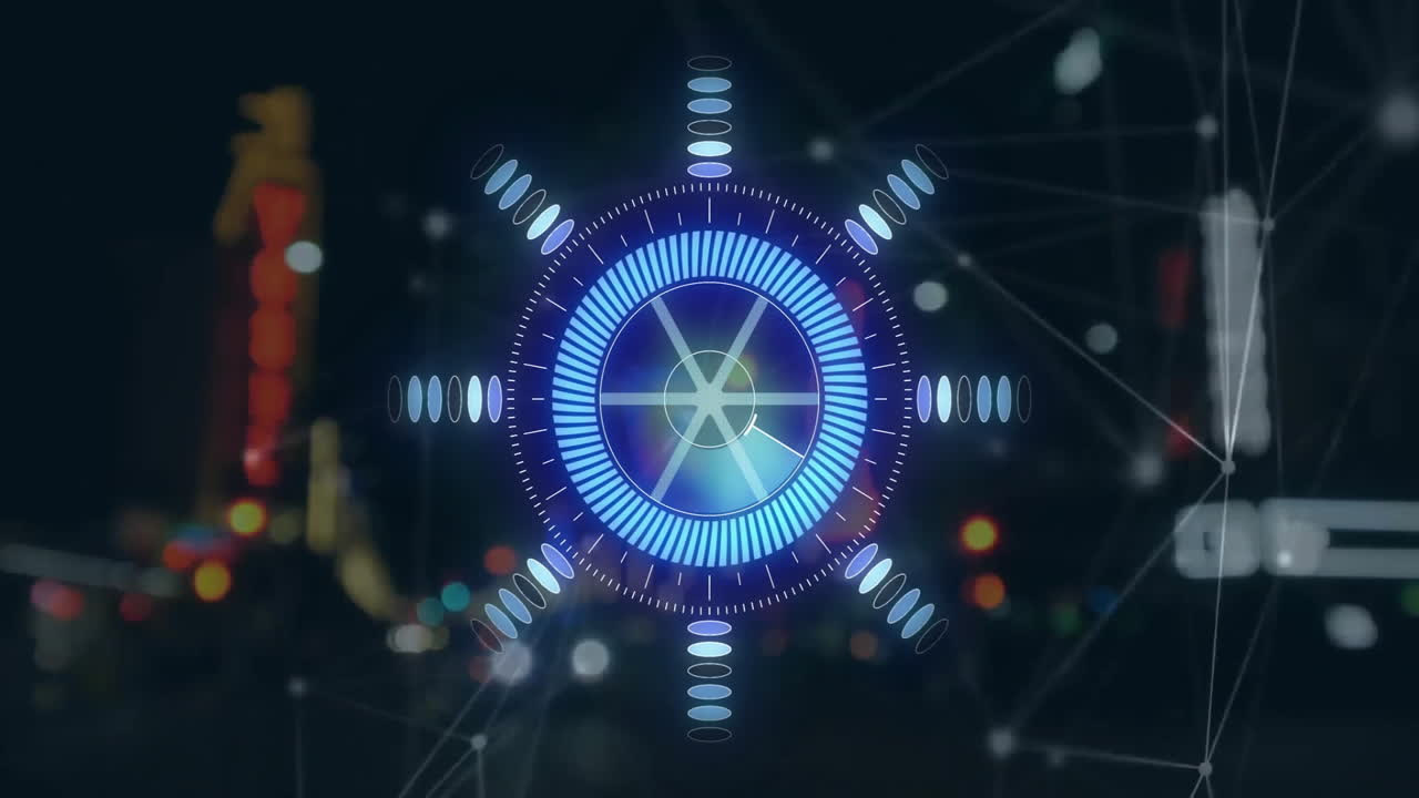Animation of network of connections over scope scanning and cityscape
