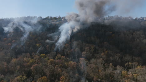 amplias imágenes aéreas girando alrededor del humo de un incendio forestal que está ardiendo en las laderas de lookout mountain en chattanooga, tn mientras el ferrocarril inclinado también está ardiendo.