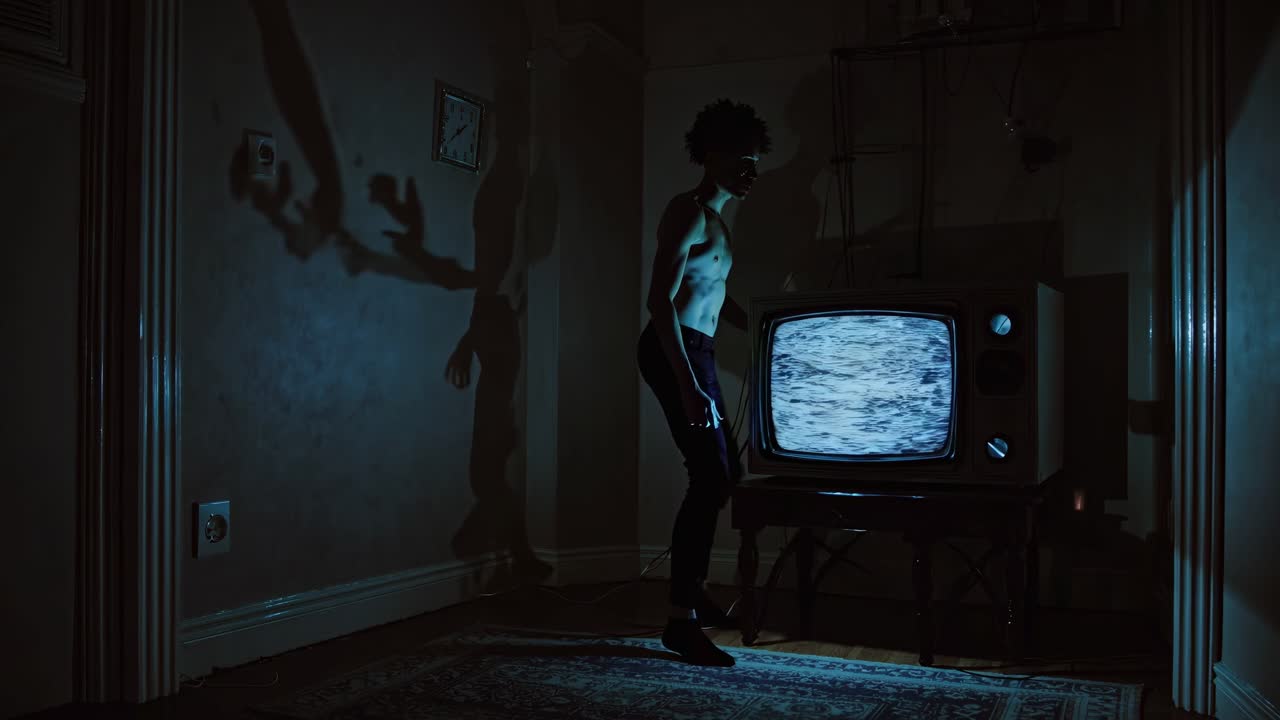 빈티지 tv와 함께 어두운 방에서 남자와 그림자