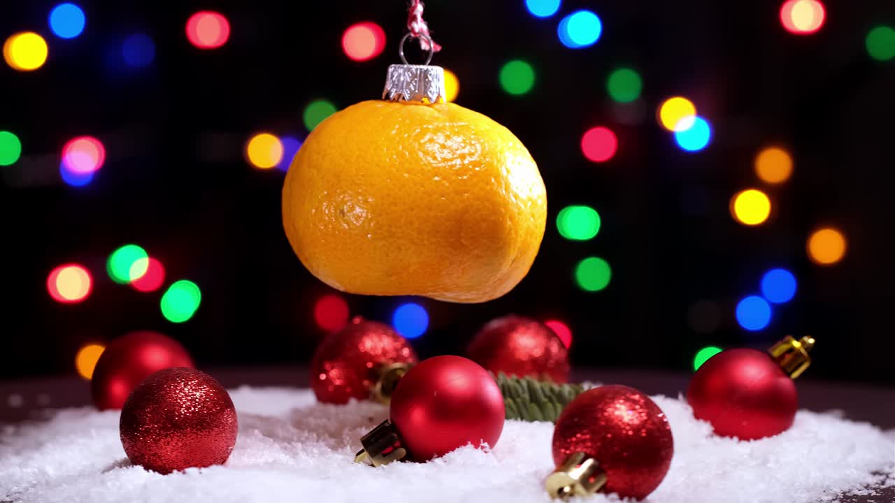 juguete navideño giratorio volador hecho de fruta de mandarina naranja.
