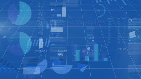 animación de diversos datos y gráficos procesados en una pantalla digital azul