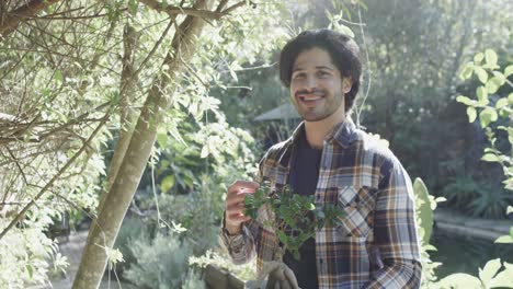 portrait of happy caucasian man holding plant in sunny garden with copy space, slow motion