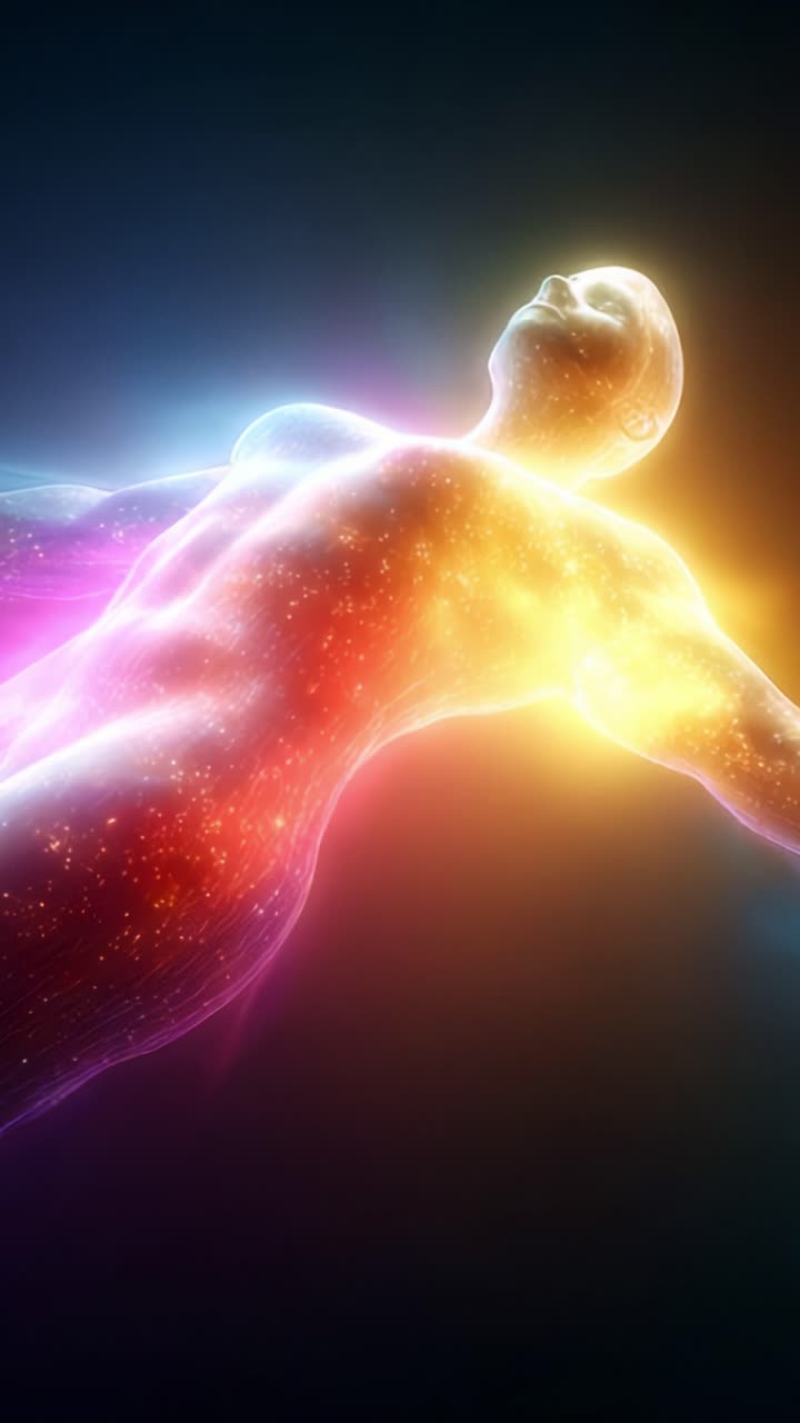 Una rappresentazione eterea della forma umana illuminata con colori vivaci, che mostra l'interazione tra luce, energia e l'essenza dell'esistenza in un ambiente mistico