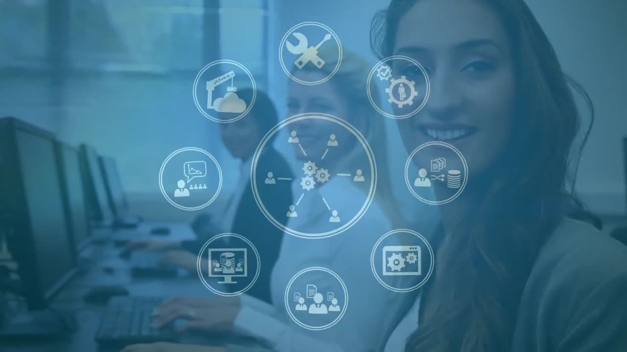 animación de la red de conexiones con iconos sobre personas de negocios que usan computadoras