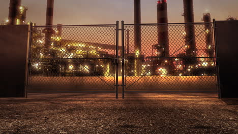 panorama of city landscape with many big factory pipes in sunset summer day