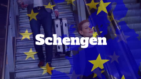 schengen text over yellow stars and eu map against people using escalator