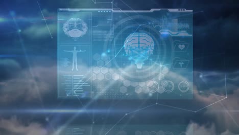 animation of networks of connections and medical data processing over sky
