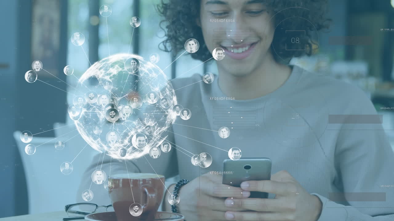 animación de la red de conexiones con el mundo sobre el hombre utilizando el teléfono inteligente