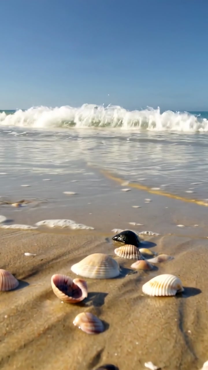 Vertical video: Approaching swell from horizon cresting breaking on wet sand and soaking seashells