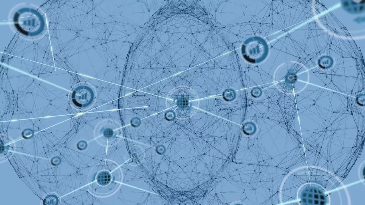 ⁇ 색 배경의 모양 위에 아이콘을 가진 연결 네트워크의 애니메이션