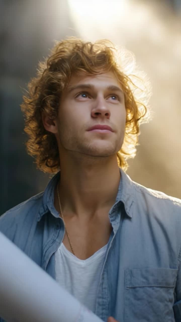 Un joven pensativo mira reflexivamente hacia arriba, envuelto en una luz suave y radiante, mostrando un momento sereno de inspiración e introspección capturado en un vídeo.