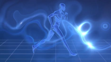 animation of blue human body running over grid and light trails on blue background