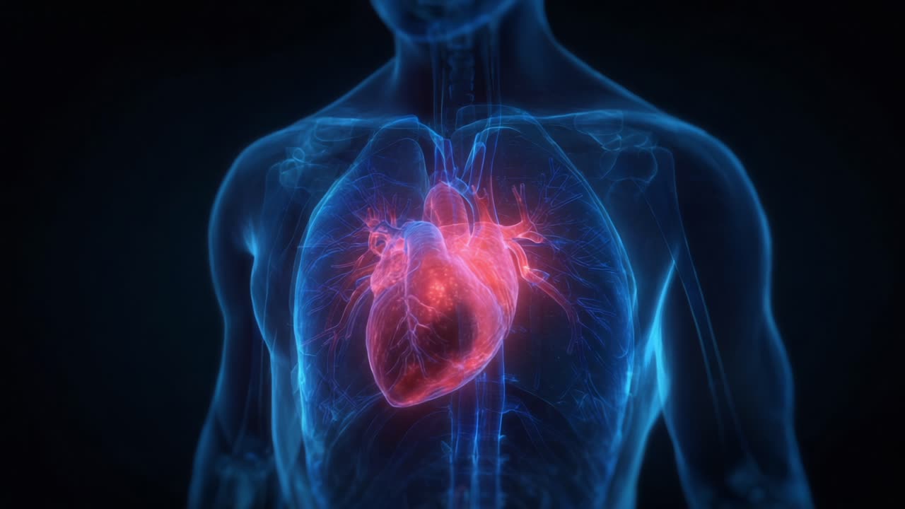 A captivating visual representation of the human heart illuminated in vibrant hues, showcasing its intricate anatomy, surrounding structures, and significance in the human circulatory system