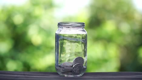 putting money in glass jar against natural green background, saving concept