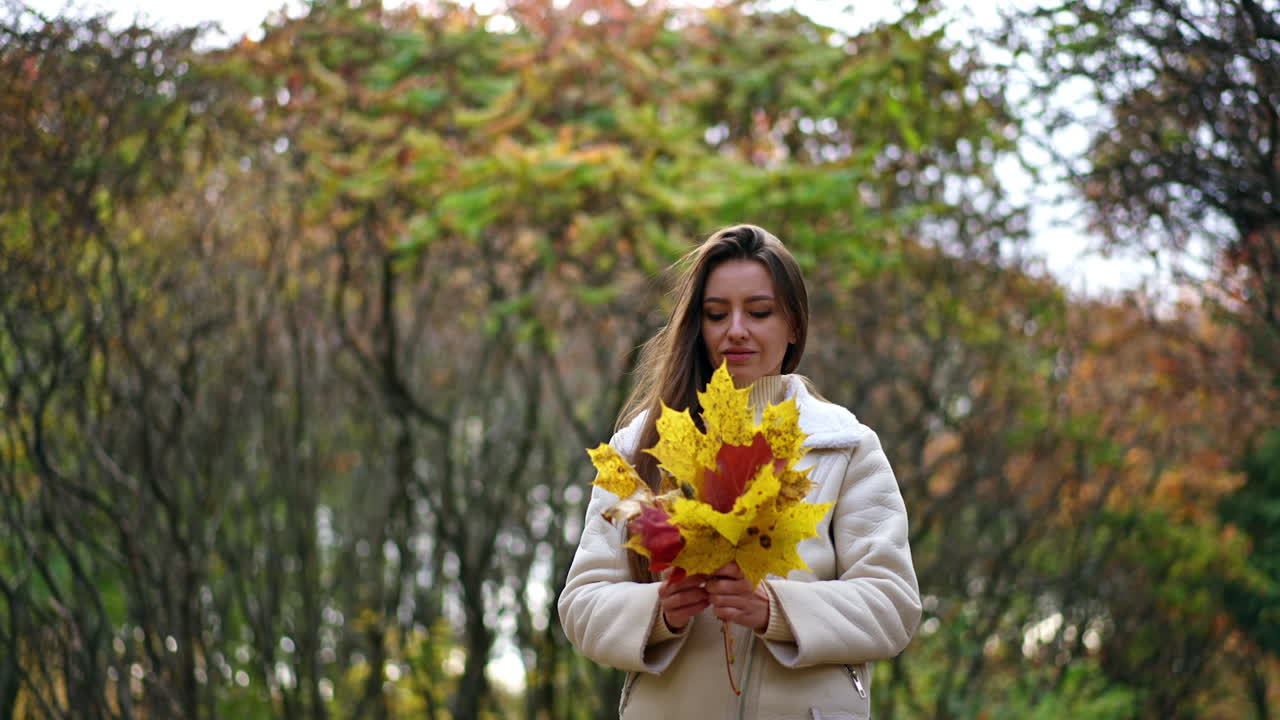 Attractive brunette lady in white jacket walks outdoors with bright leaves in her hands. Woman tosses the leaves into air smiling happily and catching them.