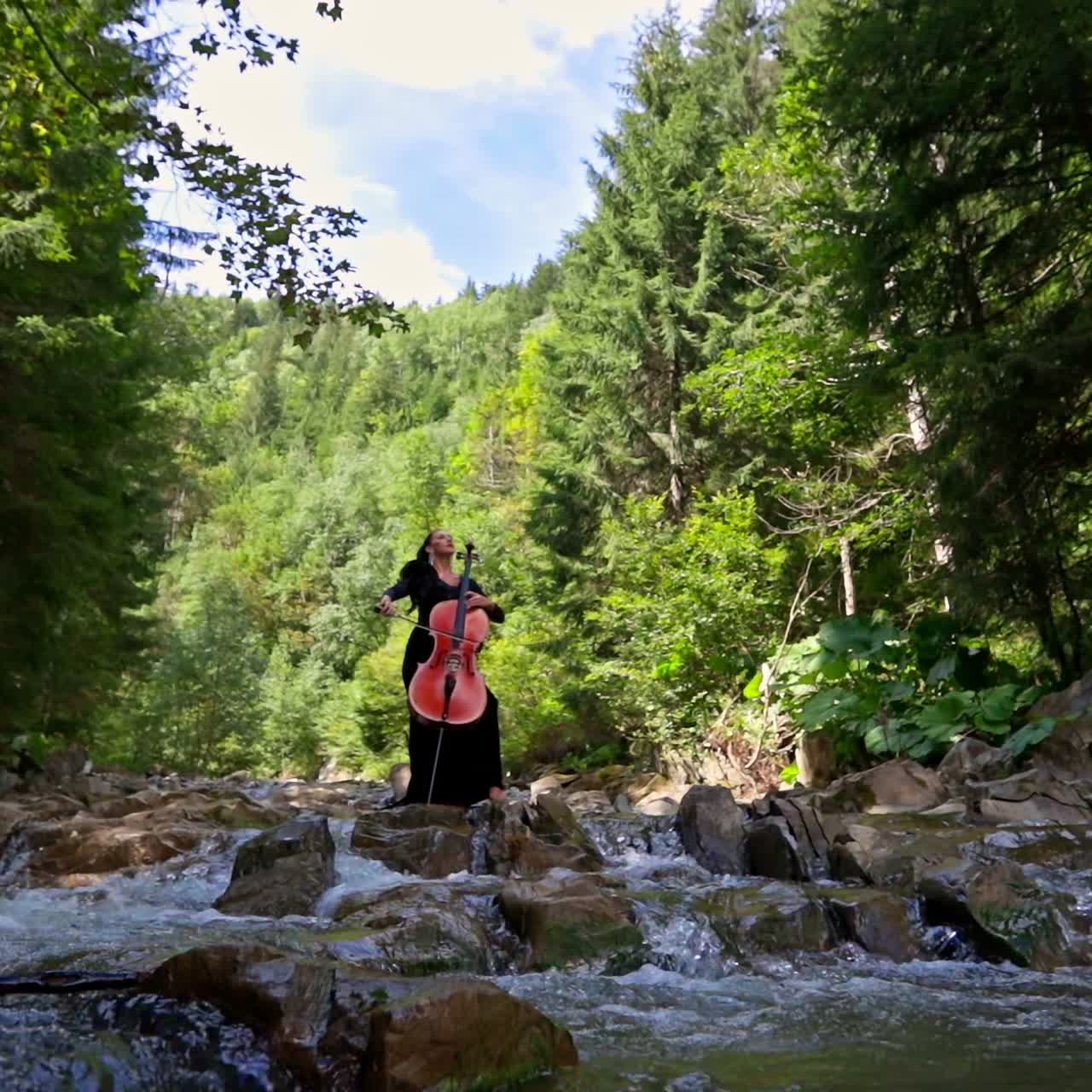 Lady with cello outdoors