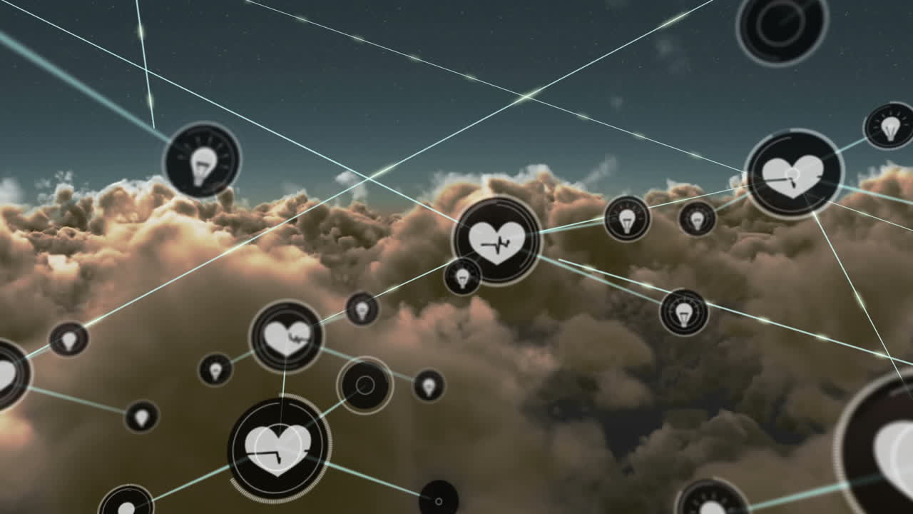 구름이 있는 하늘 위의 아이콘으로 연결된 네트워크의 애니메이션