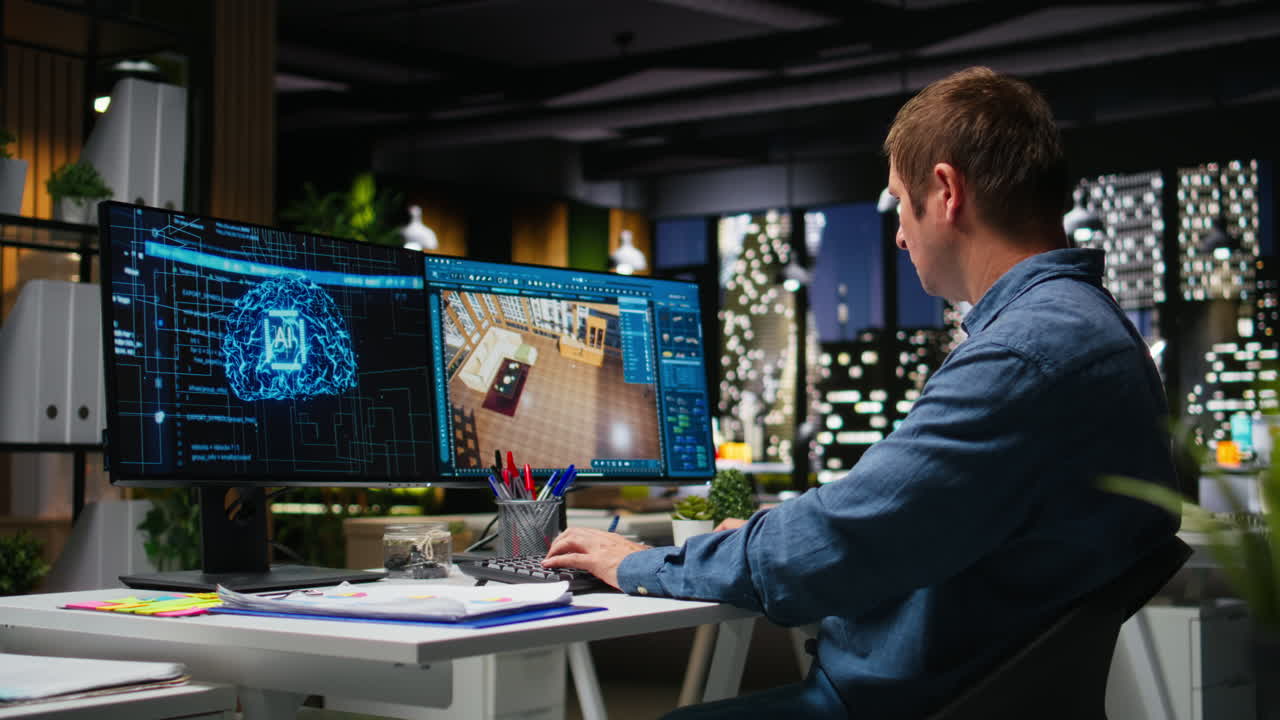 Expert developer using AI neural networks on 3D modeling program