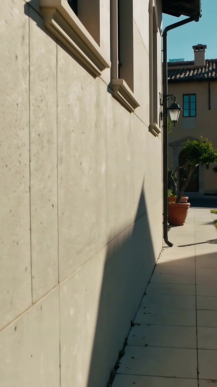 Vídeo vertical: Câmera panorâmica revelando parede de pátio de estuque com três janelas, sombra do telhado, vaso.