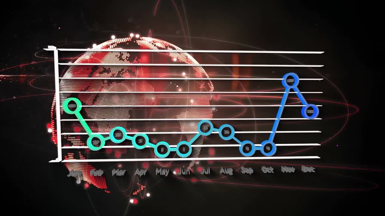 검은색 바탕에 회전하는 지구 위의 통계 데이터 처리 및 빛의 흔적의 애니메이션