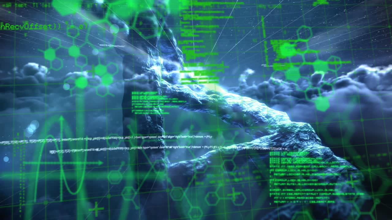 animación del hilado de cadenas de adn en 3d y procesamiento de datos científicos sobre nubes en el fondo
