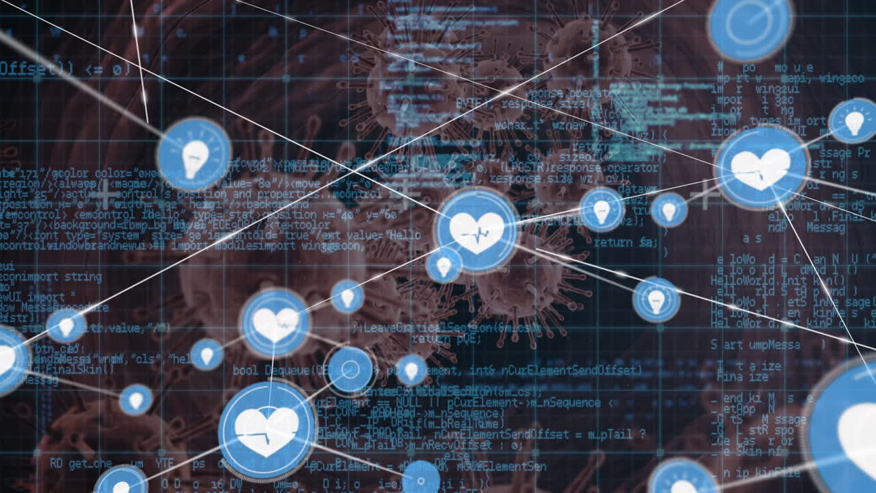 바이러스 세포 위의 미디어 아이콘과 연결 네트워크의 애니메이션