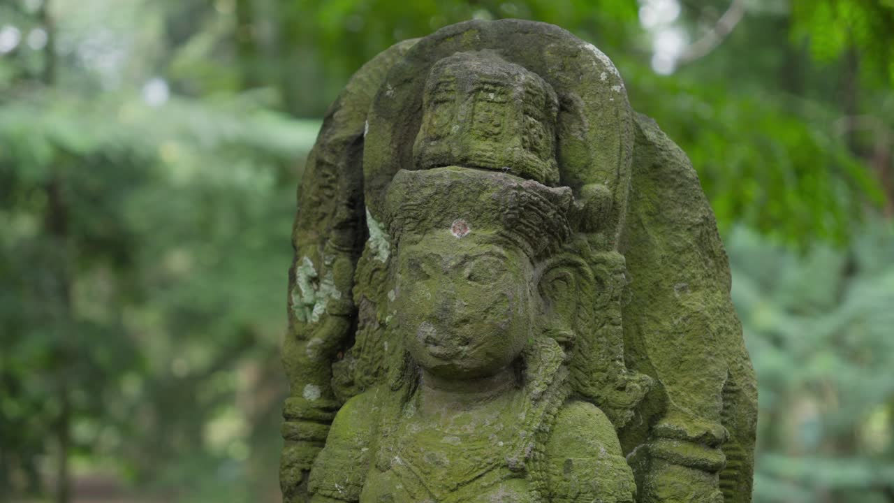 Ancient Shiva stone statue in a dense tropical forest. Close up