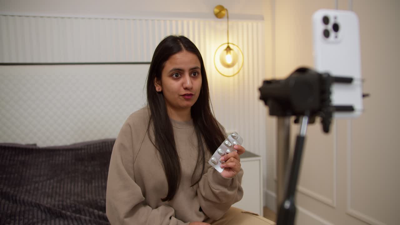 A confident brunette Indian girl in a gray jacket runs her video blog about pills and talks about their quality to her viewers using a white smartphone in a modern apartment