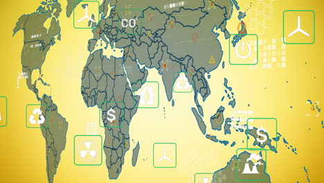 animación de iconos ecológicos y procesamiento de datos sobre el mapa del mundo