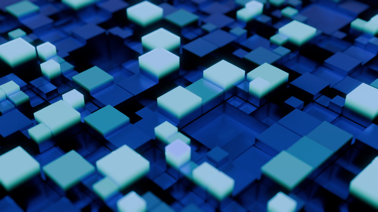 Blue Glowing Cubes Cascade Across Surface, Slow Camera Glide Over Metaverse Grid, Teal Highlights And Soft