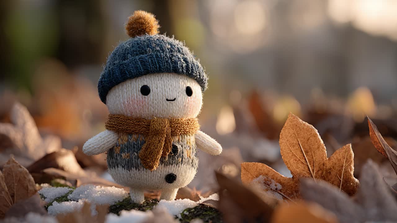 Charming Handmade Doll in a Cozy Winter Setting Surrounded by Fallen Leaves and Snow, Exuding Warmth and Joy in a Whimsical Scene