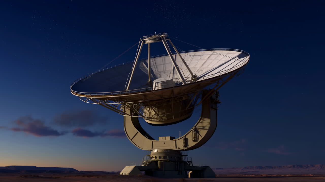 Dusk Parabolic Antenna Tilting Toward Horizon, Warm Golden Light Illuminates Large Radio Dish, Dynamic