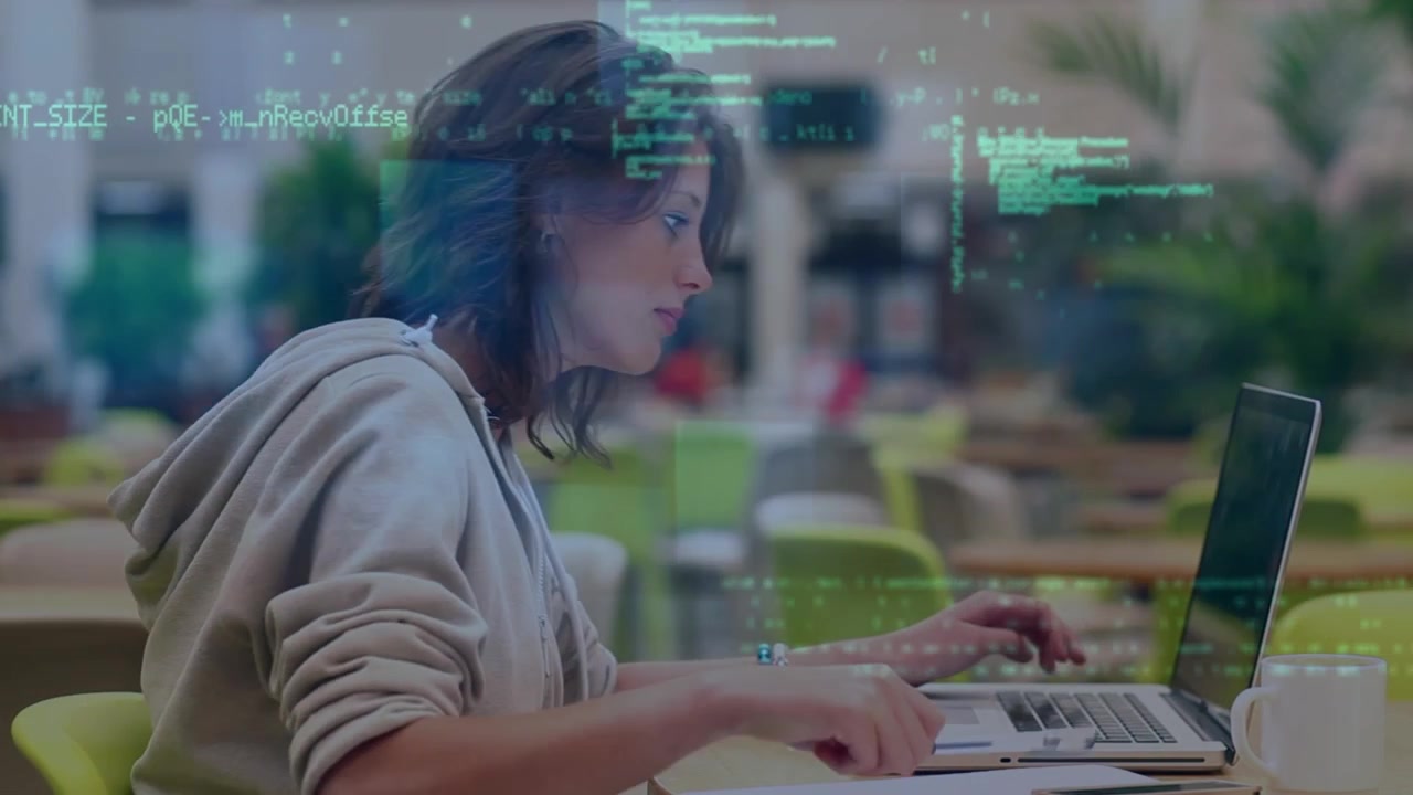 Young Woman Coding on Laptop in Modern Cafe with Digital Data Overlay