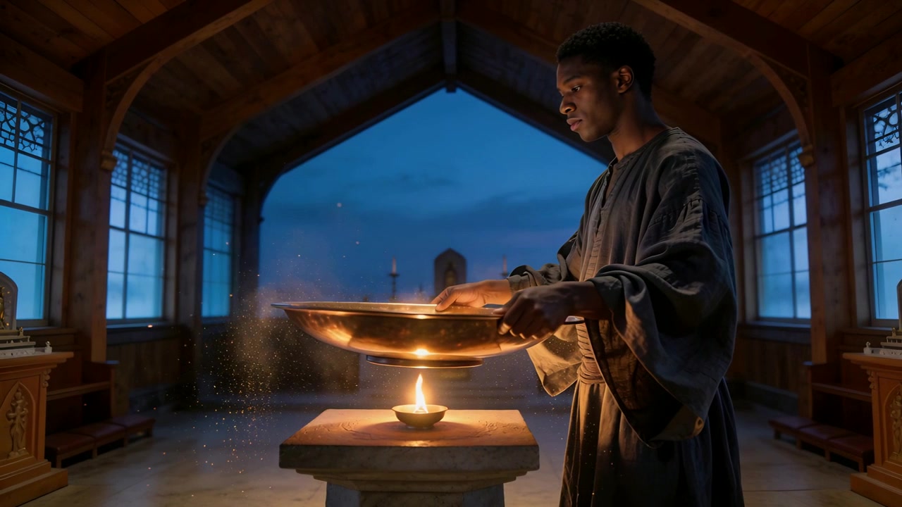Placing hands in brass bowl, robed ritual attendant stirring embers at chapel altar over oil lamp