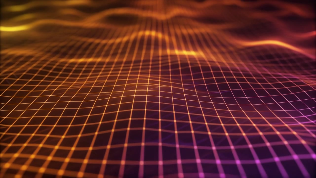 Abstract Digital Grid Wave Motion with Glowing Orange and Purple Lights
