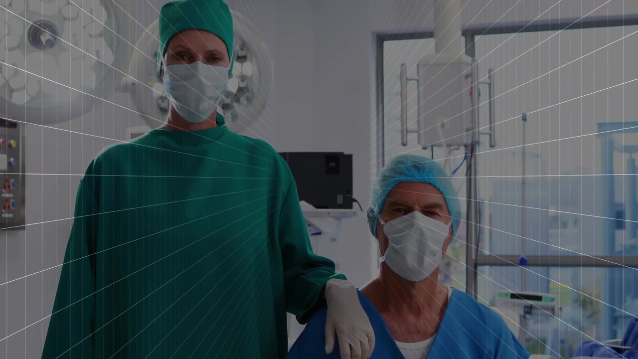 Rete a griglia su ritratto di chirurghi caucasici (uomo e donna) in ospedale.