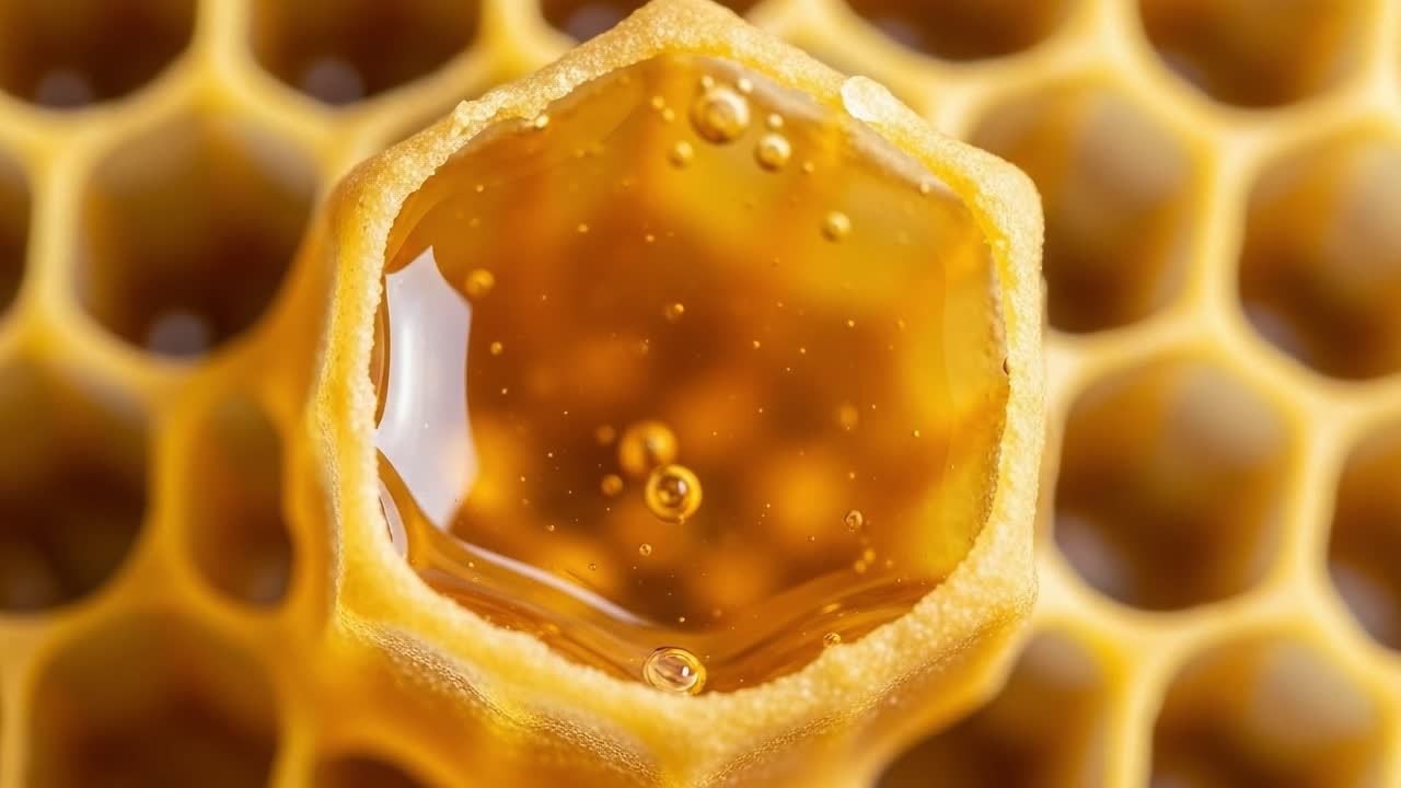 Exploring the Close-Up Beauty of Honeycomb: A Detailed Look at the Golden Honey Within Hexagonal Cells