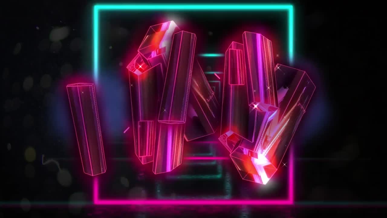 Hehkuvien vaaleanpunaisten metallilohkojen animaatio neon-neliöiden päällä mustalla taustalla.