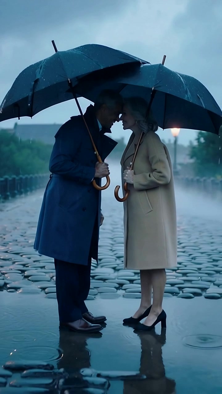 Vertical video: Leaning couple in navy, camel coats under black umbrellas on cobbles, rain falling