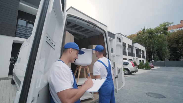 Nakliye şirketinin iki genç çalışanı, kutuları ve mobilyaları bir minibüse yüklüyor.