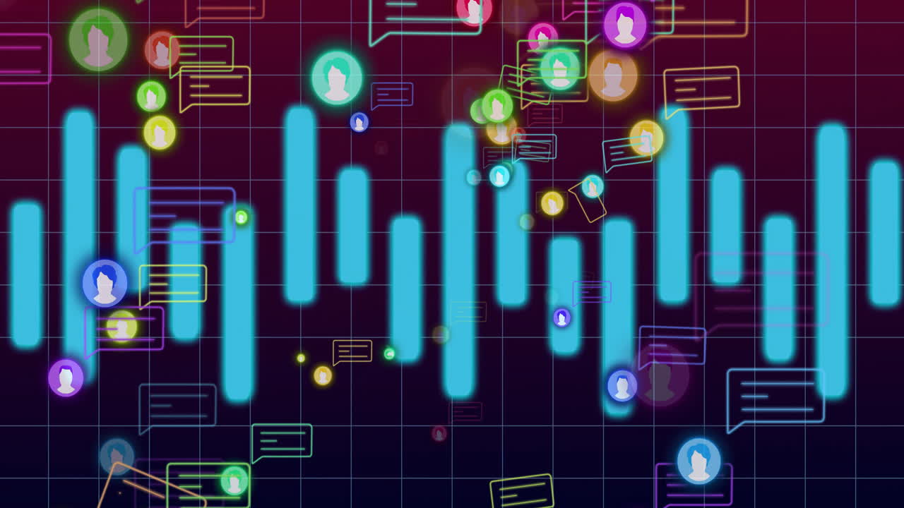Animating data dashboard with floating cyan bars and drifting neon chat bubbles across grid
