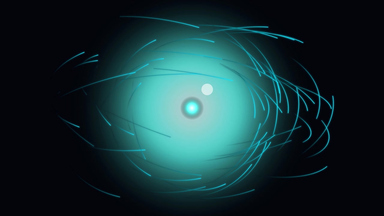 Nucleo energetico ciano luminoso astratto con particelle di luce in orbita
